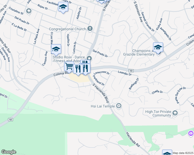 map of restaurants, bars, coffee shops, grocery stores, and more near 15815 Parkland Drive in La Puente