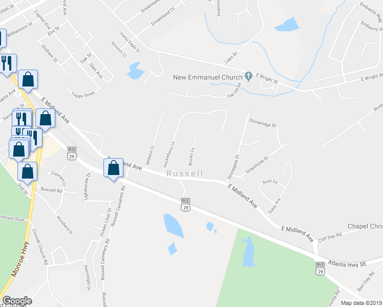 map of restaurants, bars, coffee shops, grocery stores, and more near 15 Brooks Lane in Winder