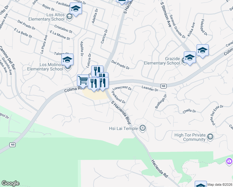 map of restaurants, bars, coffee shops, grocery stores, and more near 15815 Parkland Drive in La Puente