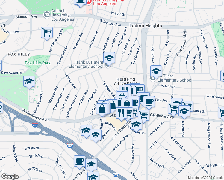 map of restaurants, bars, coffee shops, grocery stores, and more near 6625 South Springpark Avenue in Los Angeles