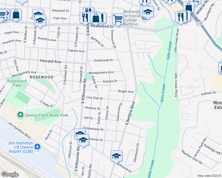 map of restaurants, bars, coffee shops, grocery stores, and more near 3910 Bright Avenue in Columbia
