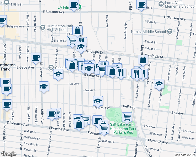 map of restaurants, bars, coffee shops, grocery stores, and more near 3216 East Gage Avenue in Huntington Park