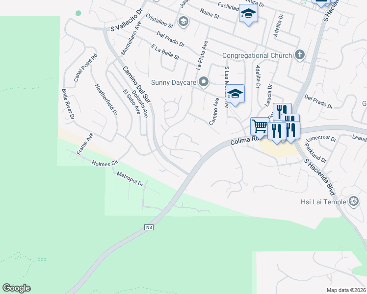 map of restaurants, bars, coffee shops, grocery stores, and more near 3450 Avocado Hill Way in Hacienda Heights