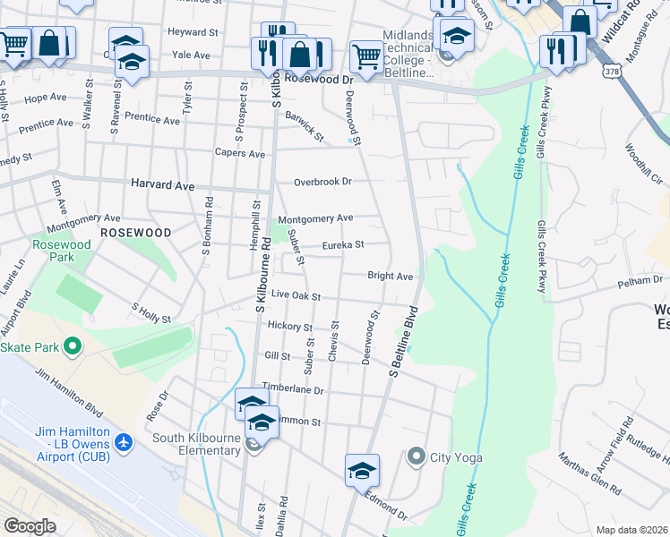 map of restaurants, bars, coffee shops, grocery stores, and more near 705 Chevis Street in Columbia