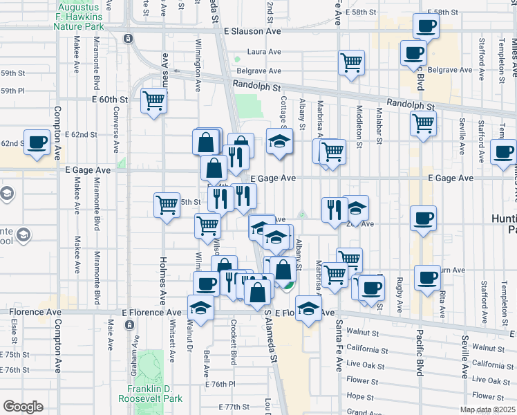 map of restaurants, bars, coffee shops, grocery stores, and more near 6611 South Alameda Street in Los Angeles