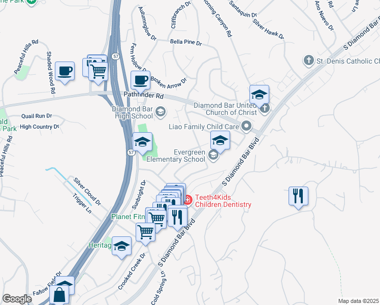 map of restaurants, bars, coffee shops, grocery stores, and more near 2458 Sunbright Drive in Diamond Bar