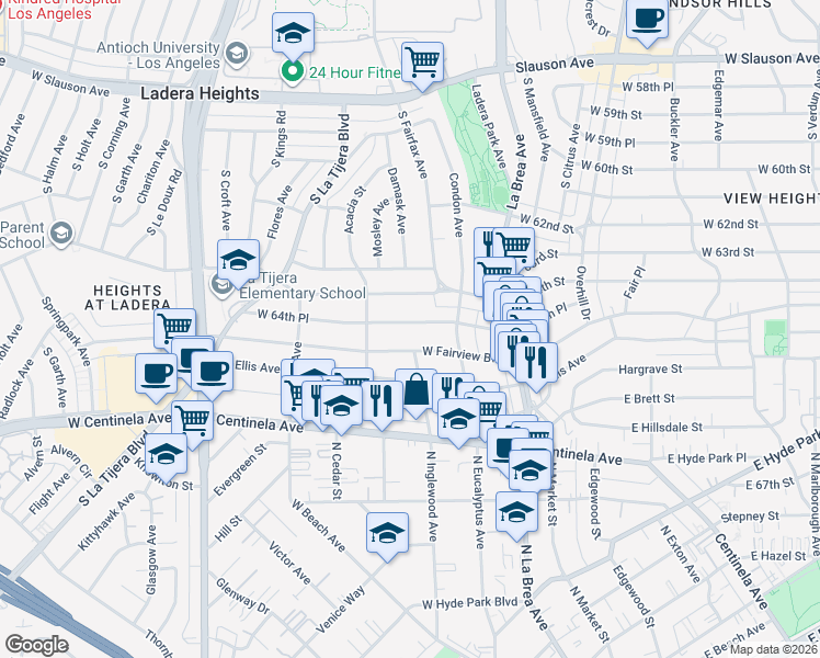 map of restaurants, bars, coffee shops, grocery stores, and more near 240 West 64th Place in Inglewood