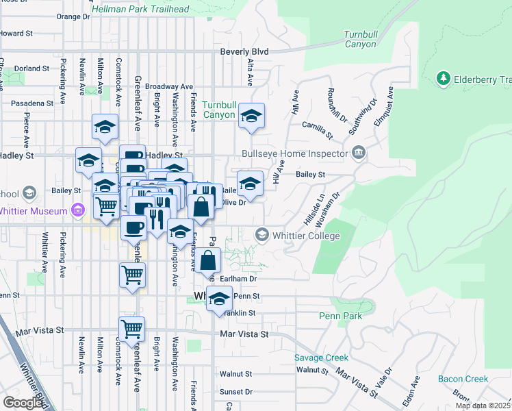 map of restaurants, bars, coffee shops, grocery stores, and more near 13522 Olive Drive in Whittier