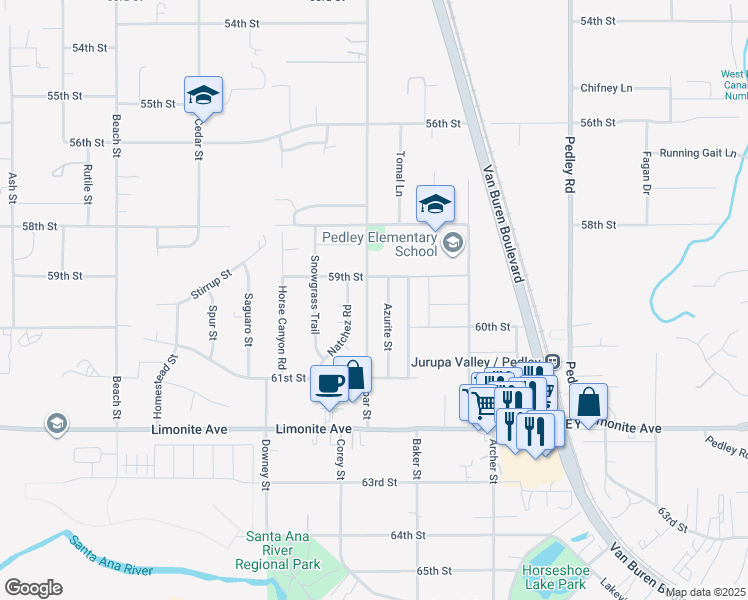 map of restaurants, bars, coffee shops, grocery stores, and more near 5974 Natchez Road in Riverside