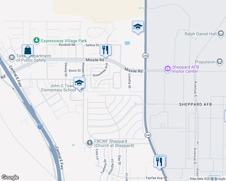 map of restaurants, bars, coffee shops, grocery stores, and more near 126 Century Street in Sheppard Air Force Base