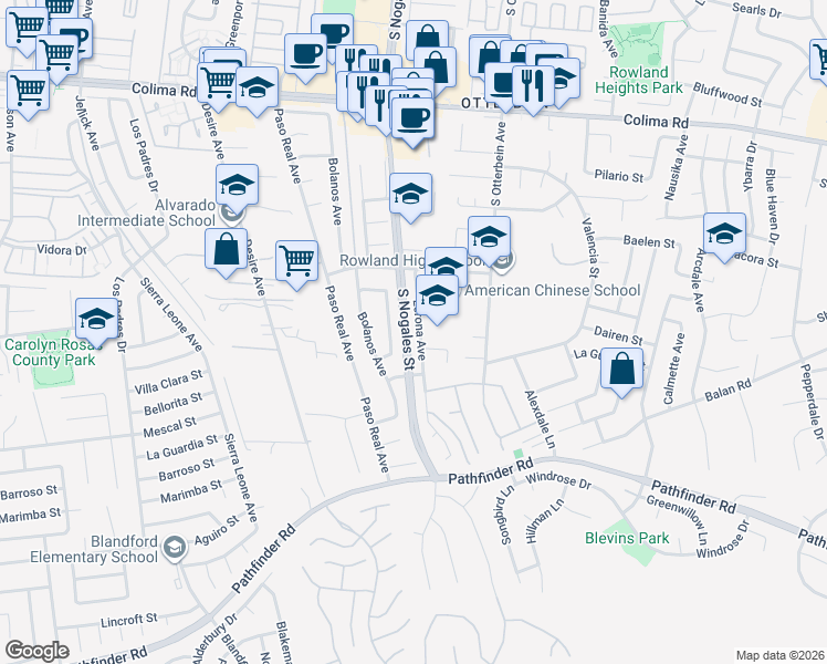 map of restaurants, bars, coffee shops, grocery stores, and more near 2109 Lerona Avenue in Rowland Heights