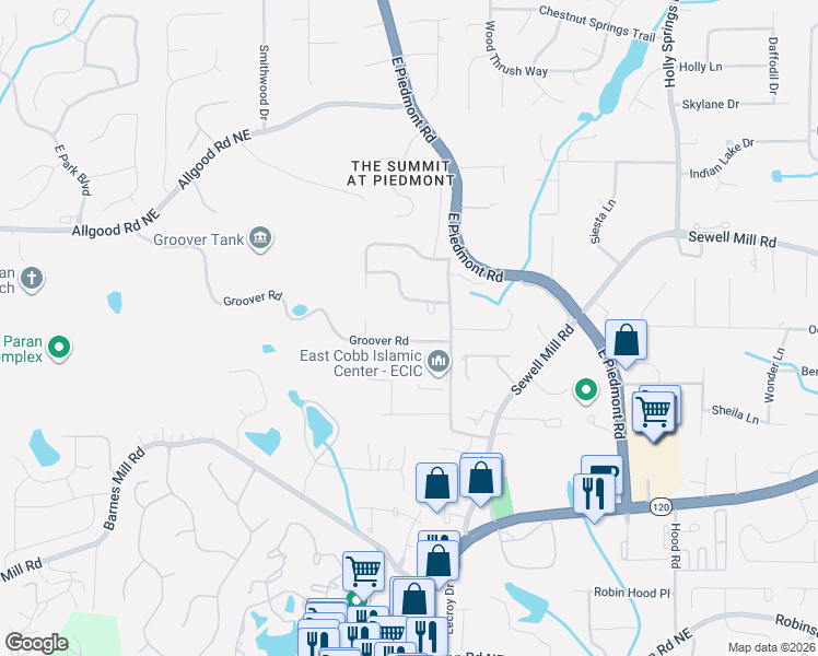 map of restaurants, bars, coffee shops, grocery stores, and more near 2190 Groover Road in Marietta