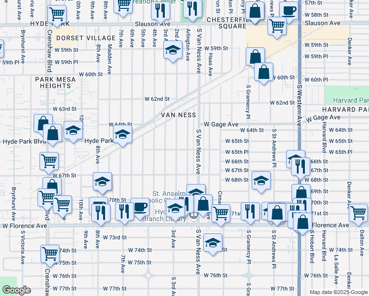 map of restaurants, bars, coffee shops, grocery stores, and more near 6531 Arlington Avenue in Los Angeles