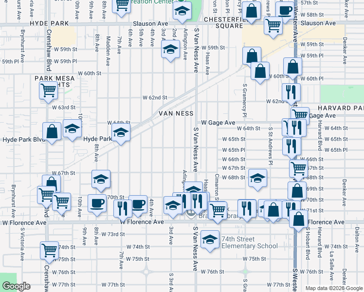map of restaurants, bars, coffee shops, grocery stores, and more near 6531 Arlington Avenue in Los Angeles