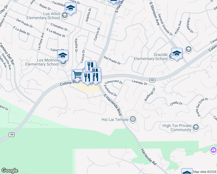map of restaurants, bars, coffee shops, grocery stores, and more near 15826 Parkland Drive in Hacienda Heights