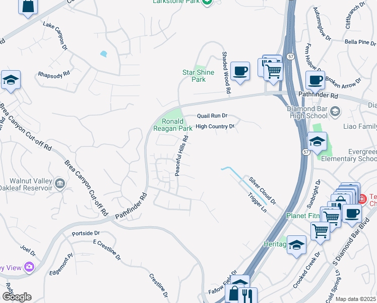 map of restaurants, bars, coffee shops, grocery stores, and more near 20815 East Rocky Point Lane in Walnut