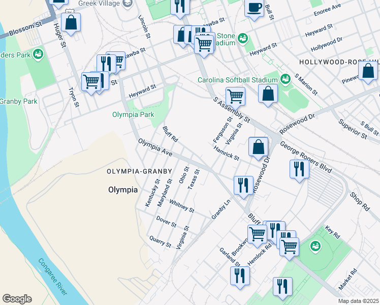 map of restaurants, bars, coffee shops, grocery stores, and more near 1150 Olympia Avenue in Columbia