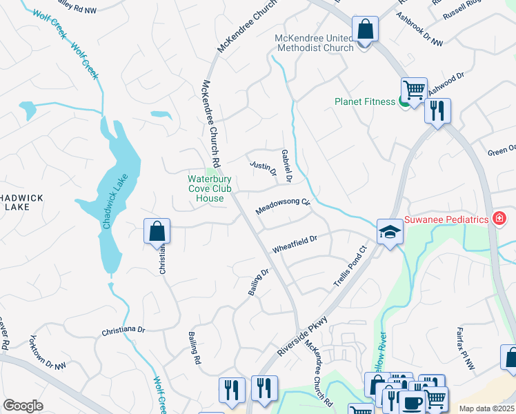 map of restaurants, bars, coffee shops, grocery stores, and more near 900 Meadowsong Circle in Lawrenceville