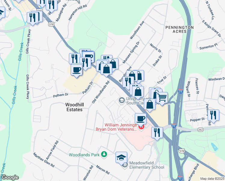 map of restaurants, bars, coffee shops, grocery stores, and more near 12 Quarters Row in Columbia