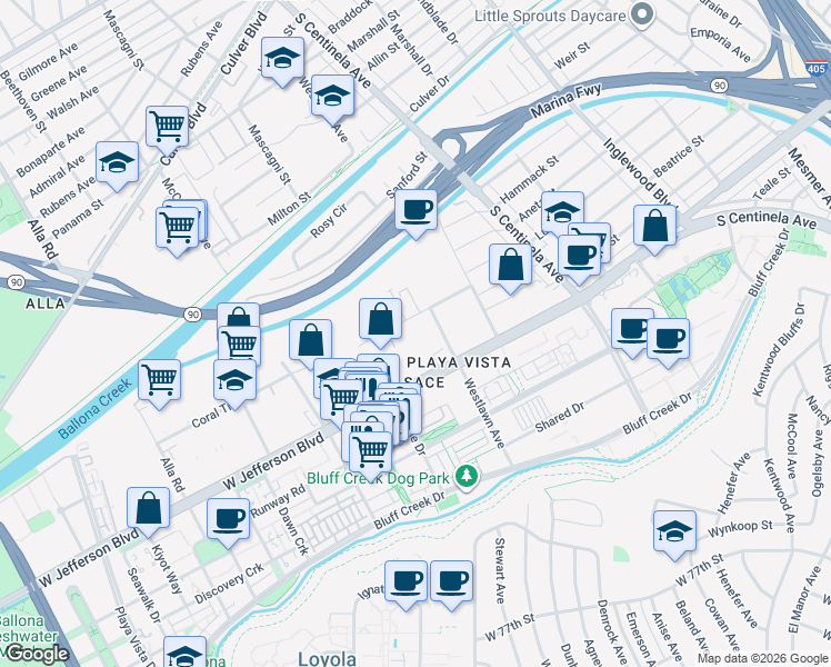 map of restaurants, bars, coffee shops, grocery stores, and more near 12622 Beatrice Street in Los Angeles