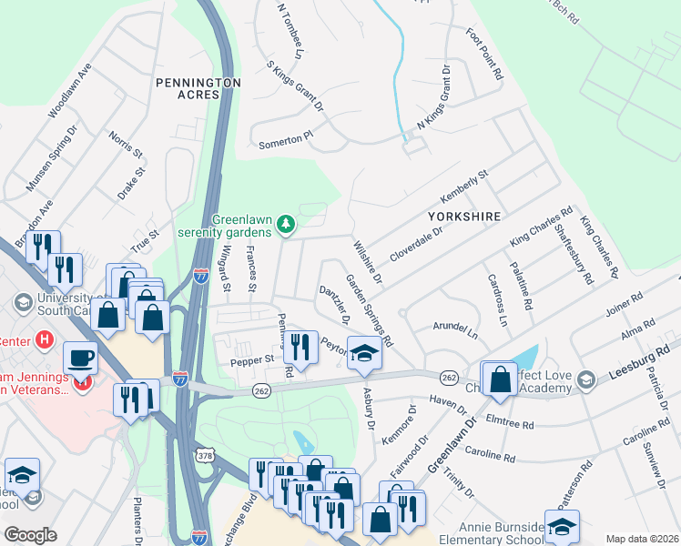 map of restaurants, bars, coffee shops, grocery stores, and more near 18 Dantzler Drive in Columbia