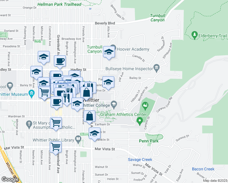 map of restaurants, bars, coffee shops, grocery stores, and more near 13536 Olive Drive in Whittier