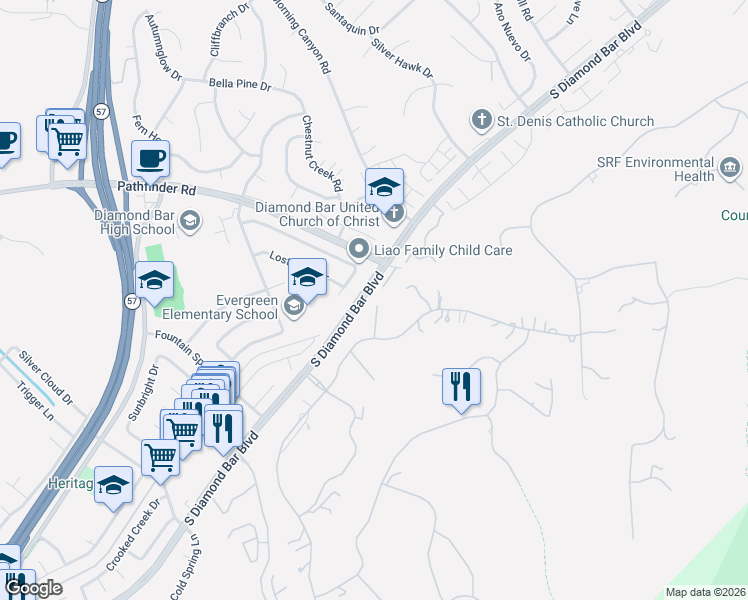 map of restaurants, bars, coffee shops, grocery stores, and more near 2501 Reata Place in Diamond Bar
