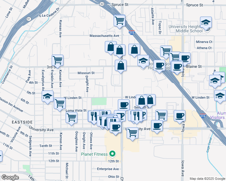 map of restaurants, bars, coffee shops, grocery stores, and more near 3546 Lou Ella Lane in Riverside
