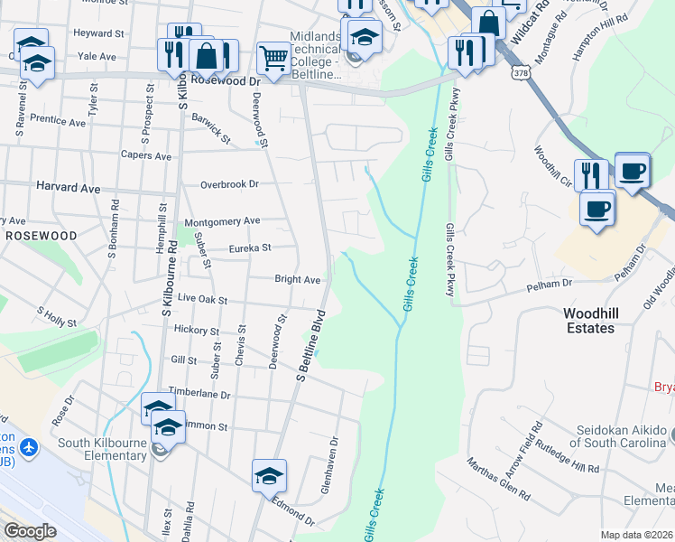 map of restaurants, bars, coffee shops, grocery stores, and more near 4048 Bright Avenue in Columbia