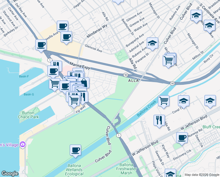 map of restaurants, bars, coffee shops, grocery stores, and more near 13214 Fiji Way in Marina del Rey