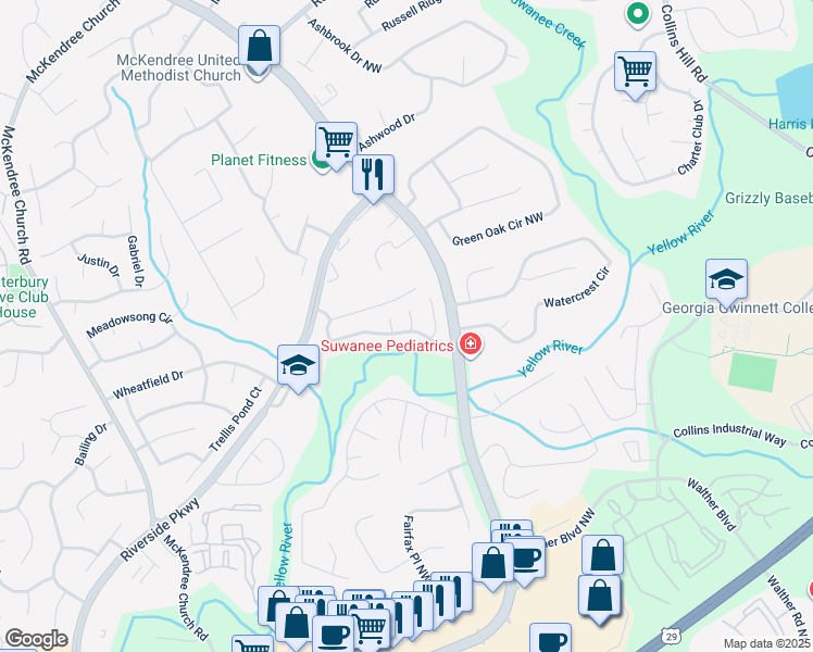map of restaurants, bars, coffee shops, grocery stores, and more near 570 Oxford Crest Court Northwest in Lawrenceville