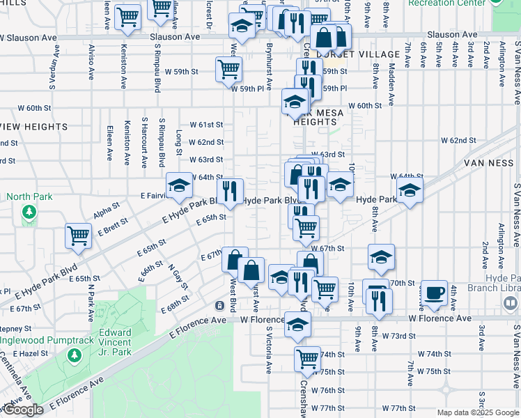 map of restaurants, bars, coffee shops, grocery stores, and more near 6516 Brynhurst Avenue in Los Angeles