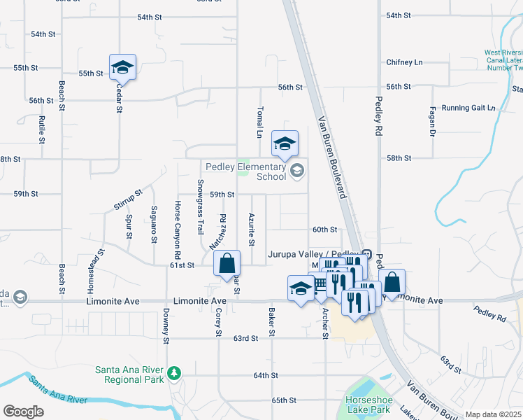 map of restaurants, bars, coffee shops, grocery stores, and more near 5955 Scheelite Street in Riverside