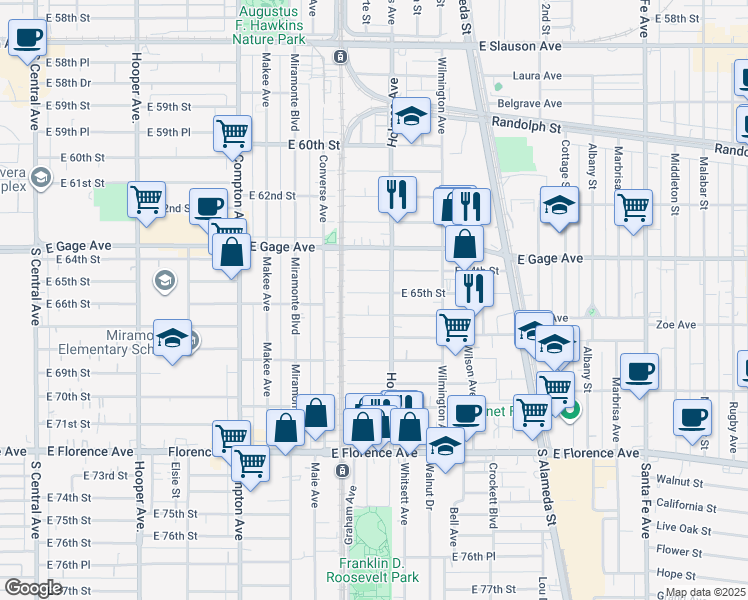 map of restaurants, bars, coffee shops, grocery stores, and more near 1738 East 66th Street in Los Angeles