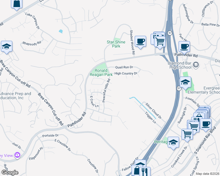 map of restaurants, bars, coffee shops, grocery stores, and more near 20809 East Crest Lane in Walnut