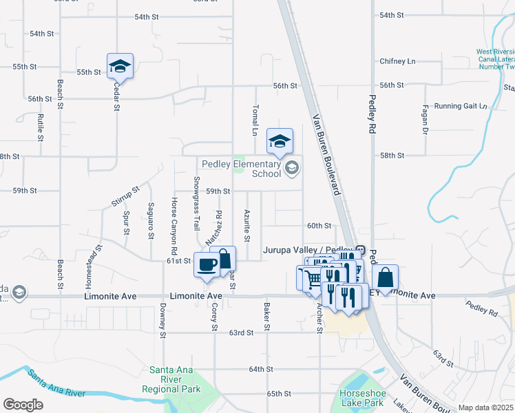 map of restaurants, bars, coffee shops, grocery stores, and more near 5955 Scheelite Street in Riverside