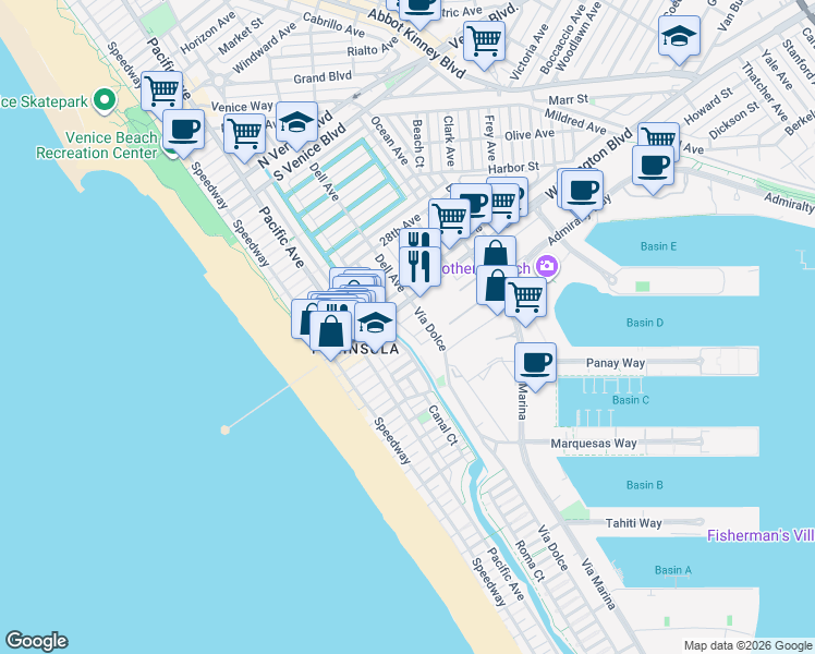 map of restaurants, bars, coffee shops, grocery stores, and more near 3115 Strongs Drive in Marina del Rey