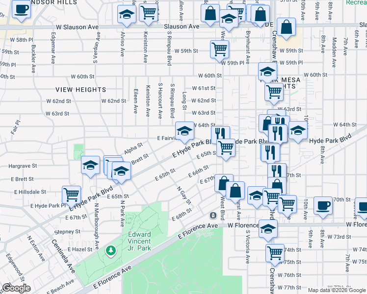 map of restaurants, bars, coffee shops, grocery stores, and more near 1057 East Hyde Park Boulevard in Inglewood