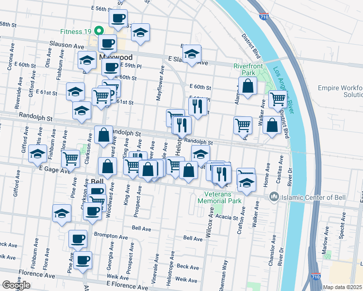 map of restaurants, bars, coffee shops, grocery stores, and more near 6237 Palm Avenue in Bell
