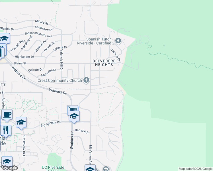 map of restaurants, bars, coffee shops, grocery stores, and more near 202 East Campus View Drive in Riverside