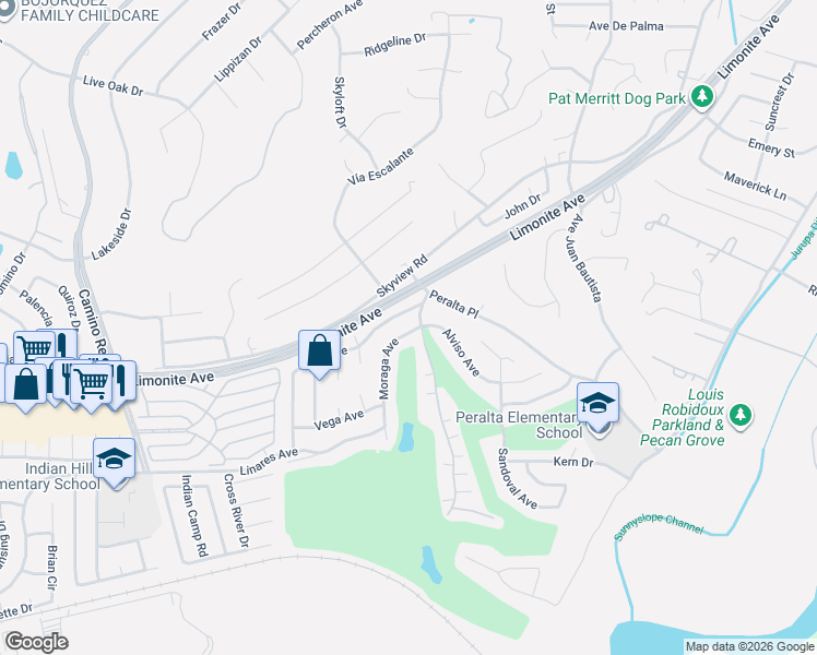 map of restaurants, bars, coffee shops, grocery stores, and more near 6015 Avenue Juan Diaz in Riverside