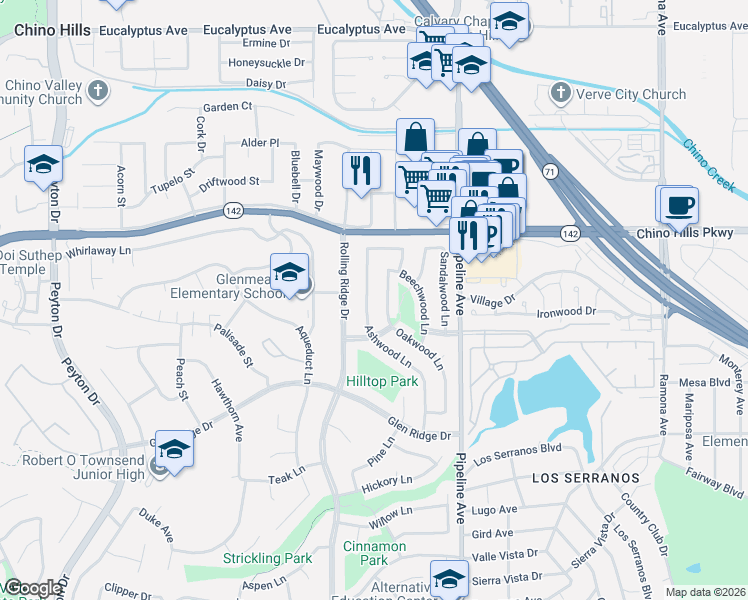 map of restaurants, bars, coffee shops, grocery stores, and more near 15070 Oakwood Lane in Chino Hills