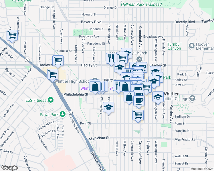 map of restaurants, bars, coffee shops, grocery stores, and more near in Whittier