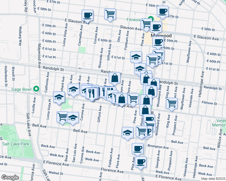 map of restaurants, bars, coffee shops, grocery stores, and more near 6317 Otis Avenue in Bell
