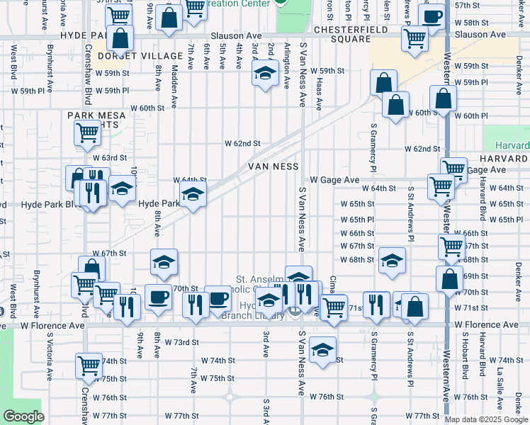 map of restaurants, bars, coffee shops, grocery stores, and more near 6565 2nd Avenue in Los Angeles
