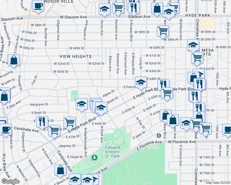 map of restaurants, bars, coffee shops, grocery stores, and more near 937 East Brett Street in Inglewood