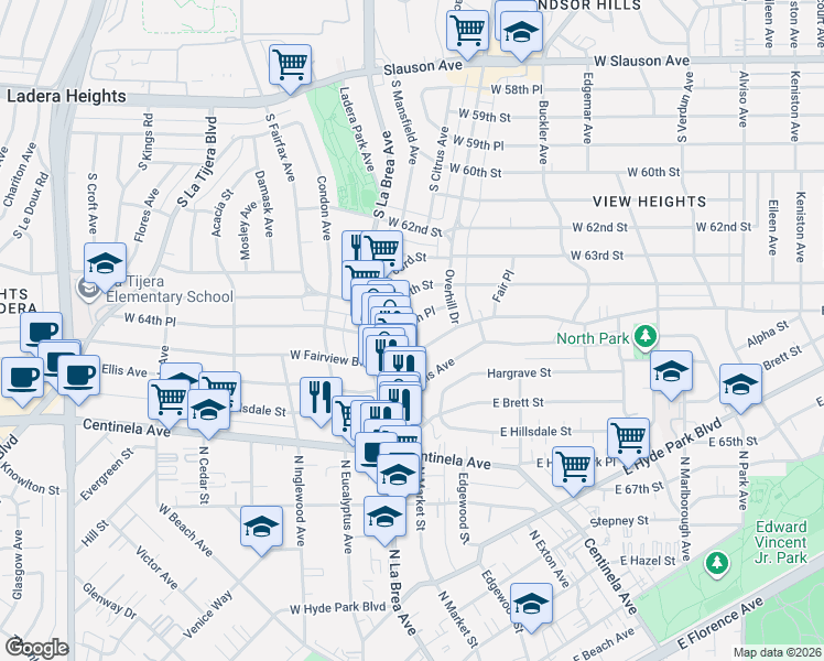 map of restaurants, bars, coffee shops, grocery stores, and more near 1310 North La Brea Avenue in Inglewood