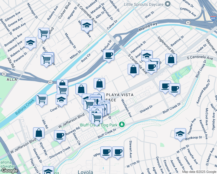 map of restaurants, bars, coffee shops, grocery stores, and more near 12622 Beatrice Street in Los Angeles