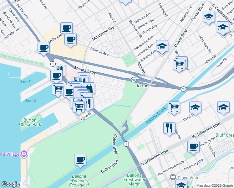 map of restaurants, bars, coffee shops, grocery stores, and more near 13214 Fiji Way in Marina del Rey