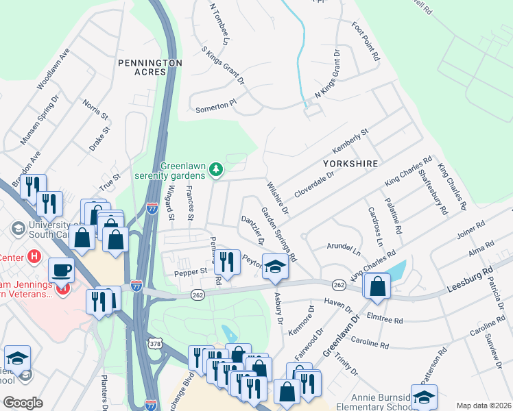 map of restaurants, bars, coffee shops, grocery stores, and more near 18 Dantzler Drive in Columbia
